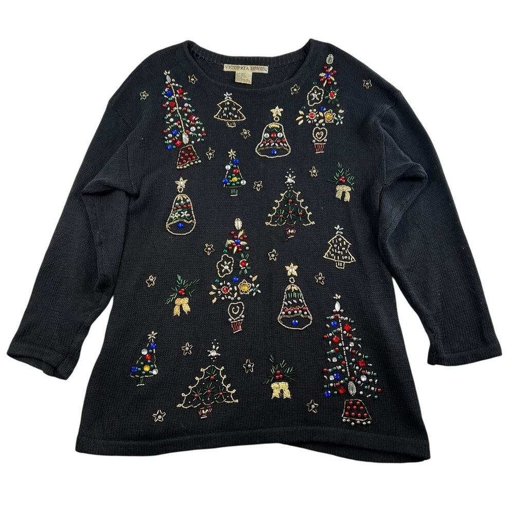 Vtg Sz M Beaded Embellished Christmas Tunic Sweater Victoria Jones Women's Black